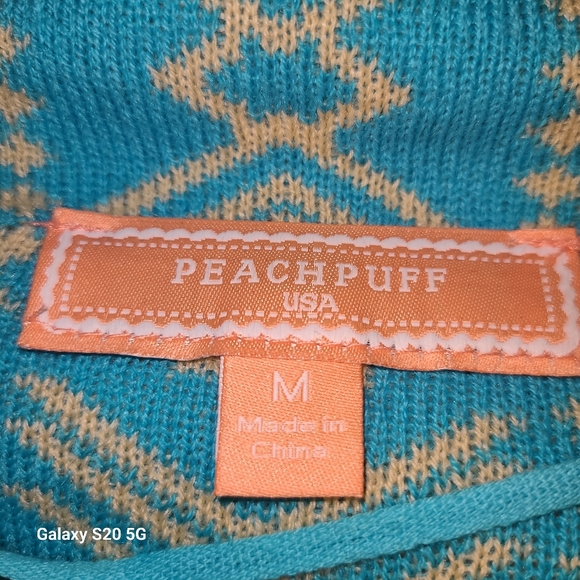 Peachpuff long cardigan, size Medium colors turquoise, light tan, black. - Picture 4 of 6